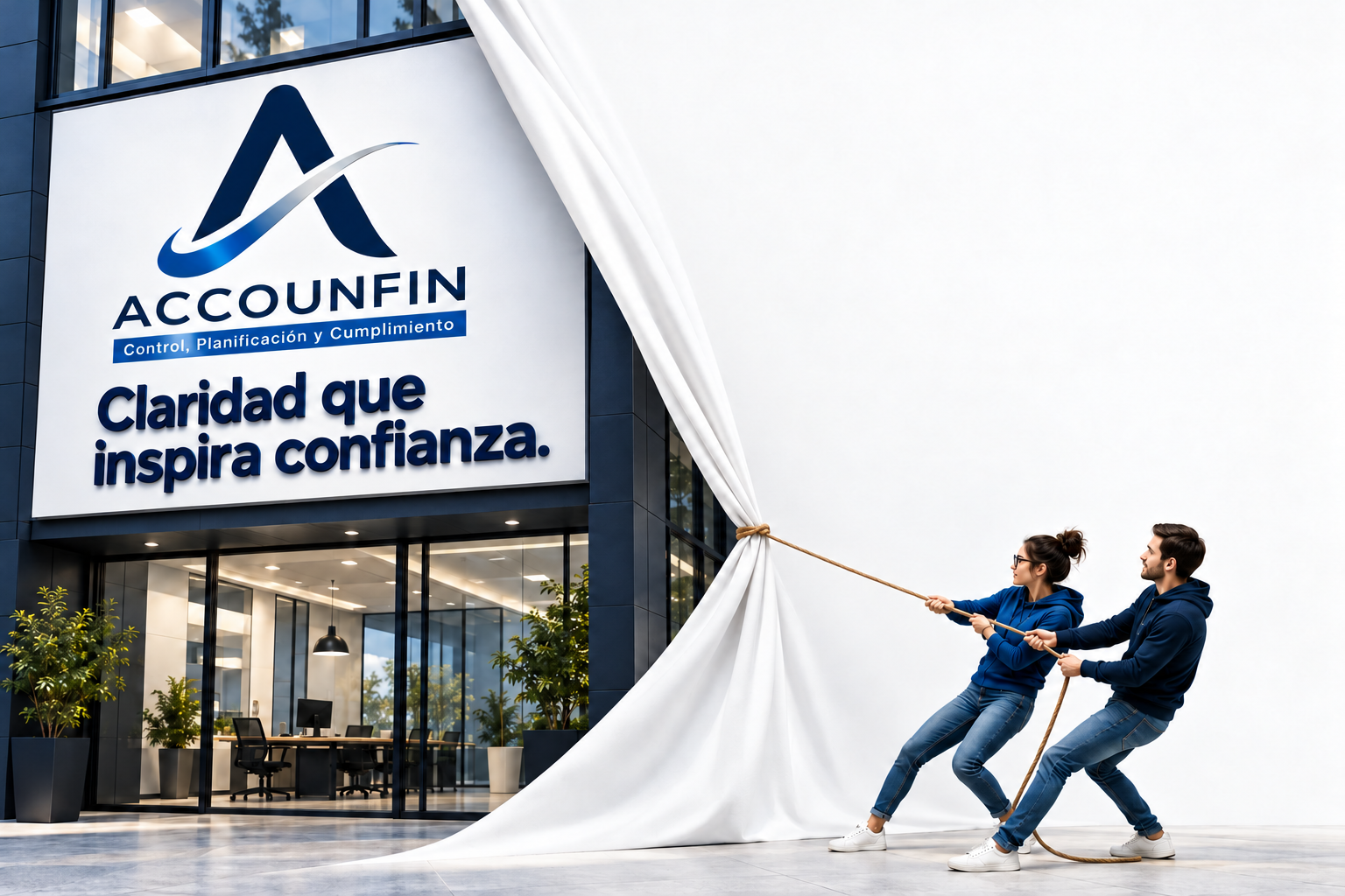 Una cortina revela una fachada con el logo de ACCOUNFIN y la frase Claridad que inspira confianza. Control, Planificación y Cumplimiento.